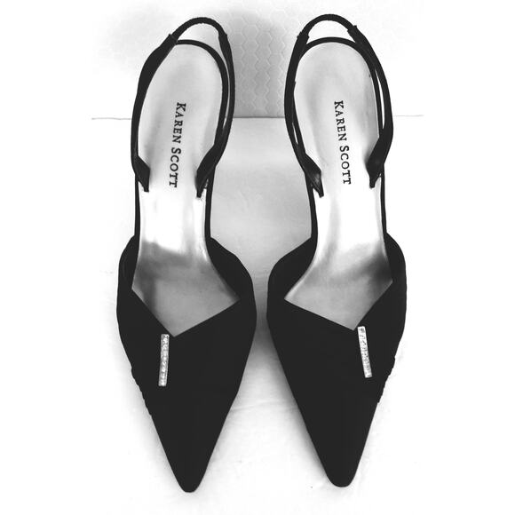 KAREN SCOTT Black Satin Pointed Toe Sling Back Heels w/ Rhinestone Detail Sz 7 - Picture 3 of 10
